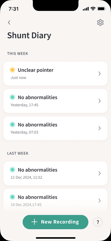 ShuntWizard app — Shunt Diary home screen showing recording history and status dots